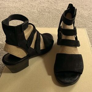 Eileen Fisher, black suede ankle strap sandals with heel